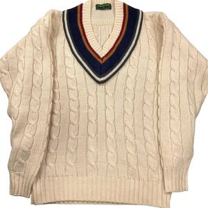 Embassy Row Sweater Mens Med Cream V Neck Cable Knit Preppy Ivy League Wool‎ VTG